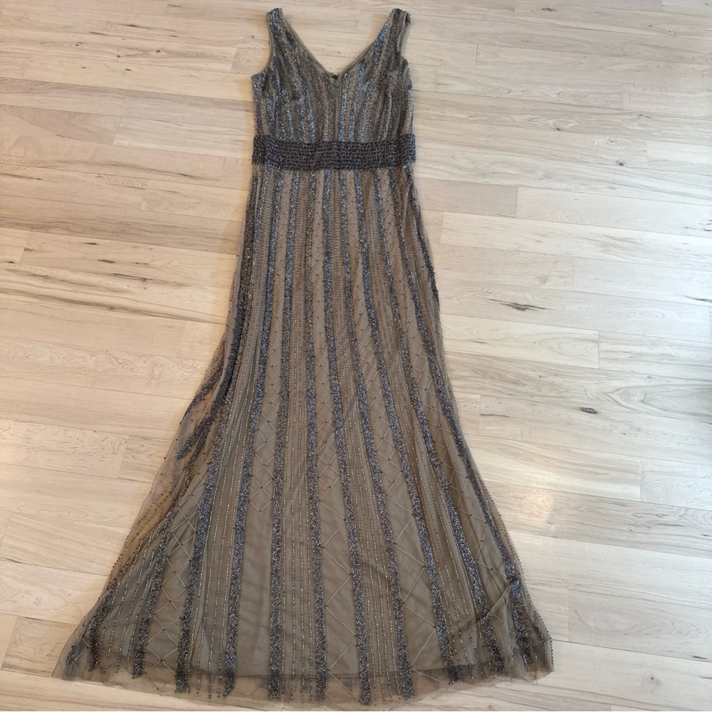 Pamella Roland  Brown Beaded Embroidered Tulle Evening Gown-Party Dress-Size 4